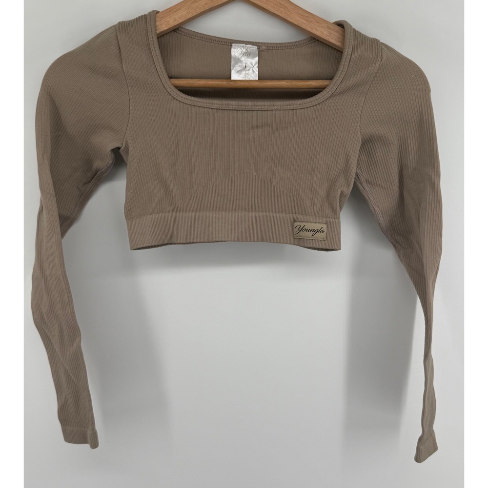 Youngla Women Ribbed Long Sleeve Crop Top Taupe Brown Square Neck XS YLAW-1157
